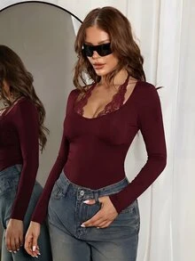 SHEIN ICON 女款純色長袖對比蕾絲修身掛脖T恤 - 酒紅色 - 查看 4