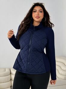 SHEIN EZwear Autumn/Winter Plus Size Slim Fit Elastic Pocket Patchwork Jacket - Navy Blue - View 6