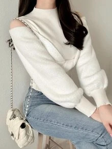 FRIFUL Sweater Wanita Serbaguna dan Manis dengan Model Bahu Terbuka dan Simpul Depan yang Mengkerut - Krem - View 1