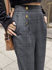 FRIFUL Women's Waist Button Design Pocket Plaid Straight Leg Pants - Brown - View 6