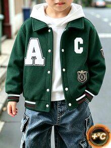 SHEIN Genkimix Kids 男童復古大學棒球夾克，酷炫雪尼爾字母貼布與徽章刺繡森林綠壓扣飛行夾克，聖誕節，Noël - 墨綠色 - 查看 3