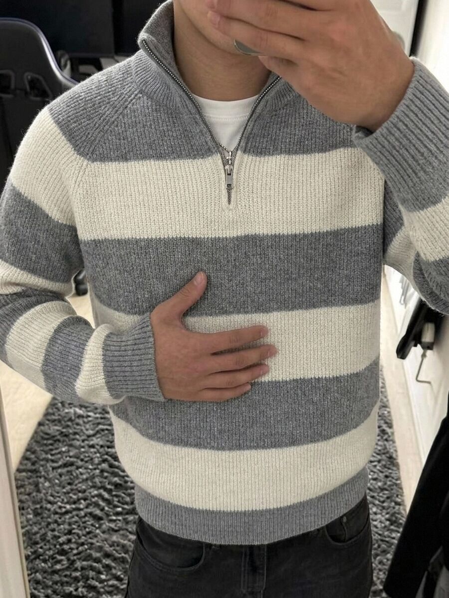 Manfinity CasualKnits 男士秋冬針織毛衣,半開胸設計,翻領,插肩長袖套頭衫,鈕扣開襟,橫條紋拼接配色 - 灰色 - 查看 1