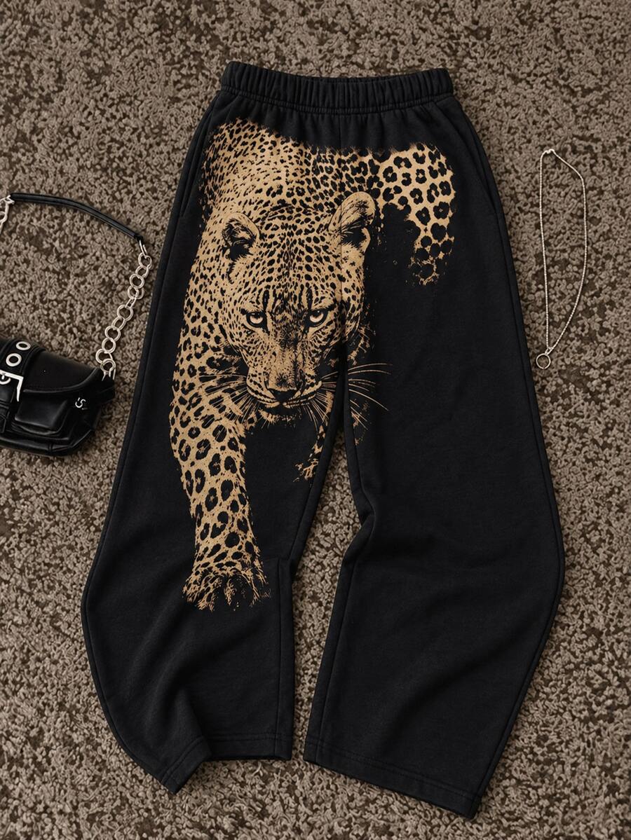 SHEIN Teen Girl Teen Girls Knitted Leopard Print Loose Casual Sweatpants - Black - View 1