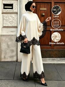 SHEIN PETITE Women's Elegant 2 Pieces Set With Stand Collar Lace Hem Blouse And Wide Leg Pants - Apricot - View 1