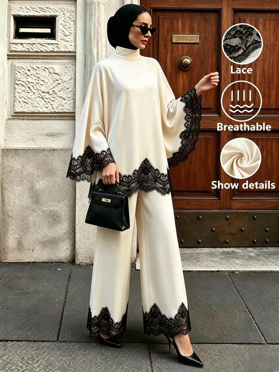 SHEIN PETITE Women's Elegant 2 Pieces Set With Stand Collar Lace Hem Blouse And Wide Leg Pants - Apricot - View 1