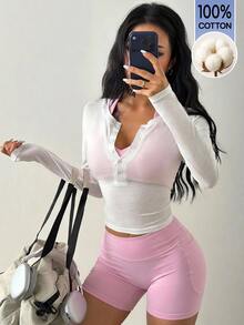 Coolane Women Y2K Sheer Long Sleeve Henley Tee, Slim Fit Button Front Workout Top, Semi Transparent T-Shirt - White - View 1