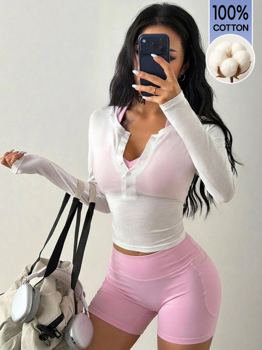 Coolane Women Y2K Sheer Long Sleeve Henley Tee, Slim Fit Button Front Workout Top, Semi Transparent T-Shirt - White - View 1