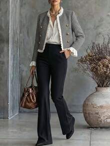 Trelyra Women's French Vintage Elegant Black & White Houndstooth Autumn New Ruffle Trim Patchwork Flared Sleeve Outerwear Jacket - Black and White - View 5