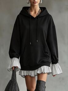 Linhara CURVE Plus Size Casual Hooded 2 In 1 Sweatshirt, Striped Ruffle Hem, Drawstring Cuffs, Flattering Long Sleeve Top - Black - View 1