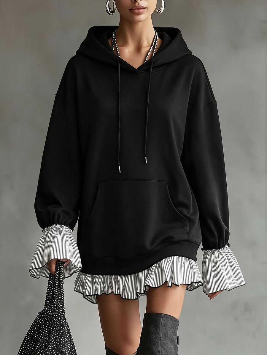 Linhara CURVE Plus Size Casual Hooded 2 In 1 Sweatshirt, Striped Ruffle Hem, Drawstring Cuffs, Flattering Long Sleeve Top - Black - View 1