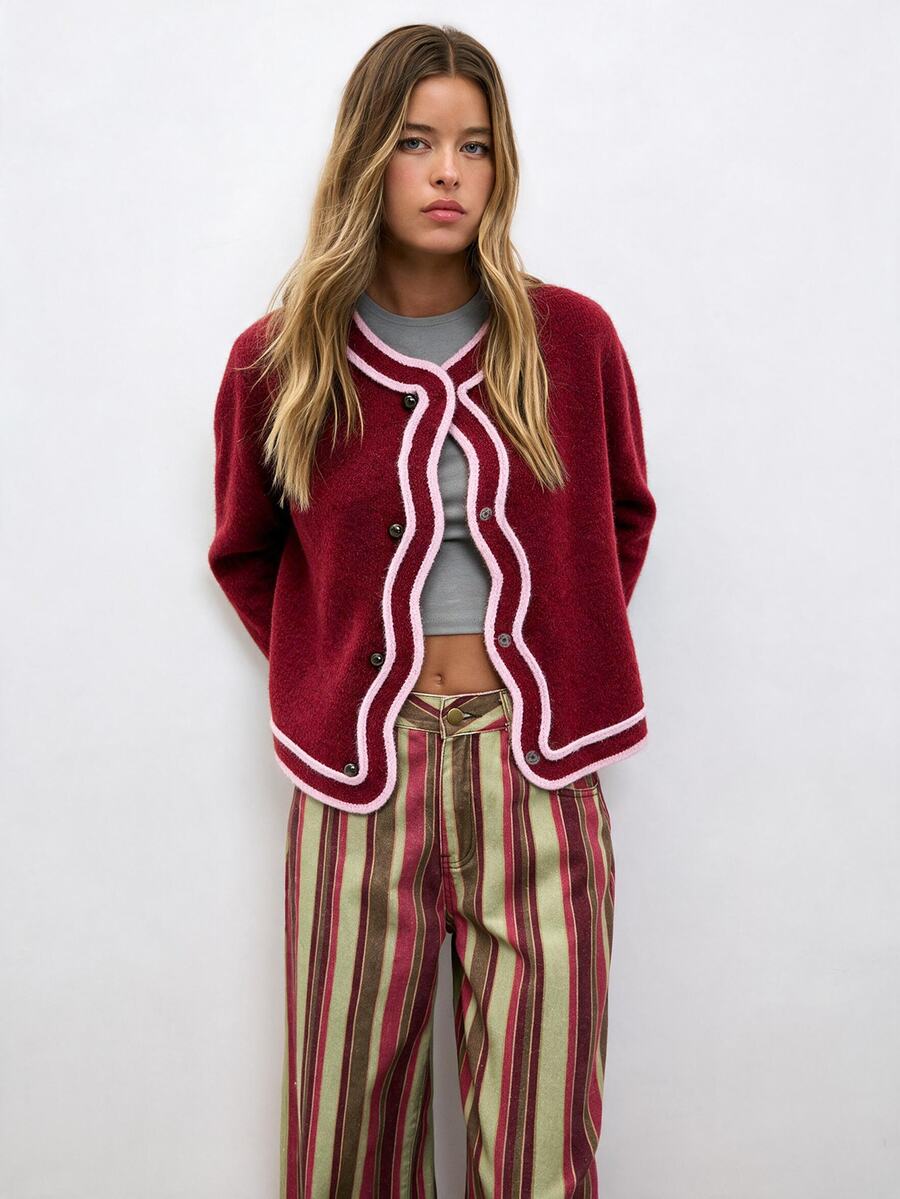 Nöista Women's Colorblock Casual Versatile Daily Wear Cardigan - Burgundy - View 1