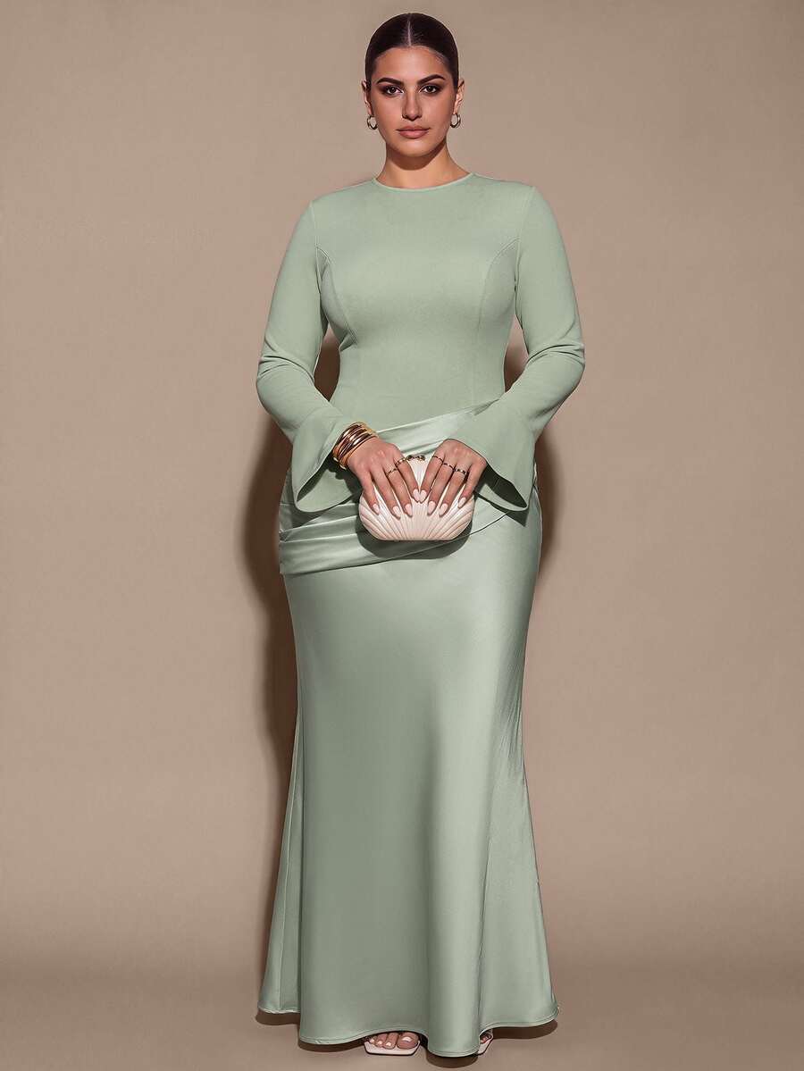 SHEIN BAE CURVE Plus Size Green Satin Patchwork Round Neck Long Sleeve Fitted Mermaid Evening Gown, Elegant Eleg Fall - Green - View 1