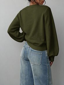 SHEIN BASICS 女款素色圓領長袖休閒基礎款寬鬆針織衫 淡黃色 秋冬日常上學早午餐穿搭 - 軍綠色 - 查看 2