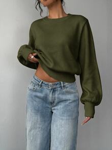 SHEIN BASICS 女款素色圓領長袖休閒基礎款寬鬆針織衫 淡黃色 秋冬日常上學早午餐穿搭 - 軍綠色 - 查看 3