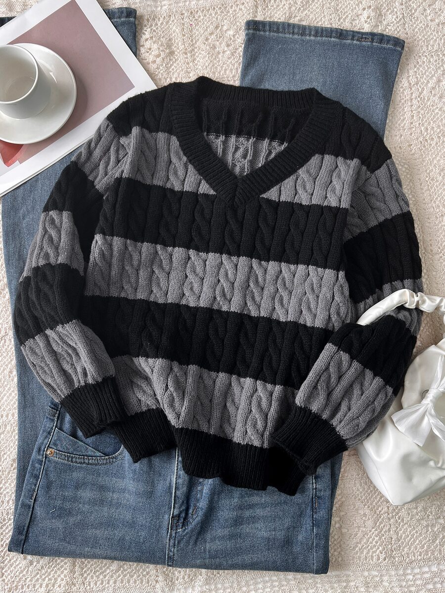 SHEIN Tween Girls' Stripe Contrast Color Twist Rope V-Neck Lantern Sleeve Loose Fit Pullover Sweater, Suitable For Autumn/Winter And Outdoor Wear Fall - Black - View 1