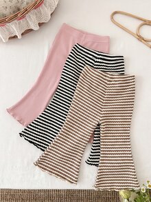 SHEIN LMoss Kids LMoss 3件組女嬰針織純色條紋休閒喇叭褲套裝 - 粉色 - 查看 2