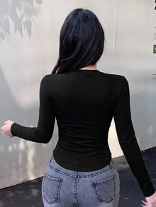 Joudiya 秋季黑色圓領基本款運動休閒街頭風性感長袖女款T恤 - 黑色 - 查看 8