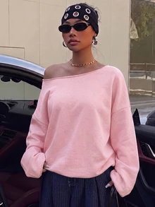 SHEIN EZwear 女款休閒粉色露肩寬鬆長袖衛衣，33%棉，女款反季服飾 - 淺藍色 - 查看 7
