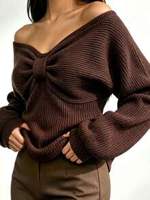 Dulcita Women's Autumn/Winter Solid Gray Off-Shoulder Bow Knot Twisted Knit Sweater, Loose Cold Shoulder Long Sleeve Cropped Top, Sexy Style - Grey - View 4