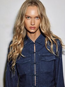 ATUI Studio Women's Shirt Collar Frog Button Short Long Sleeve Top With Casual Wide Leg Long Pants Denim Set - Dark Wash - View 7