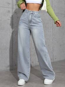 Jeanoix Y2K Plus Size Light Blue High Waist Wide Leg Jeans, Casual Loose Long Pants For Curvy Women - Medium Wash - View 6
