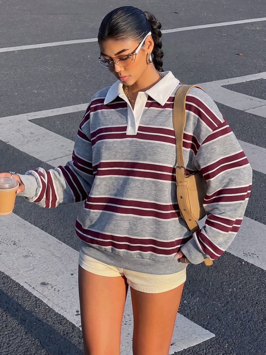 Muchica Women's Casual Wide Striped Sweatshirt, Thick Material, Suitable For Autumn/Winter - Multicolor - View 1