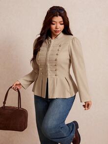 Elaquor Plus Size Women's Long Sleeve Button Design Pleated Hem Casual Jacket Fall - Apricot - View 3