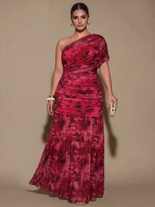 SHEIN BAE CURVE Plus Size Women's One Shoulder Ruched Casual Party Dress - Pink - View 4