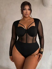 Firerie Plus Size Sexy Mesh Patchwork Fishbone Bodysuit - Black - View 6