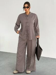 Firerie Brown Striped Plus Size Loose New Chinese Style Casual Set/Daily Streetwear Autumn 2 Pieces Set/New Chinese-Style Two Pieces Set / Autumn-Winter Outfit - Brown - View 4