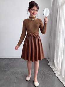 SHEIN Tween女孩優雅黑白配色領口袖子2--1洋裝，秋季/返校季，秋季洋裝，套裝，白色長袖洋裝 - 棕色 - 查看 5
