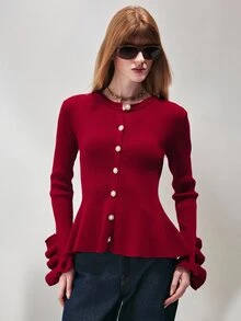 SHEIN Women's Cardigan Slim Fit Textured Knit Pearl Buttons Ruffle Cuffs Round Neck Elegant Red Solid Sweater Cardigan For Women Knit National Day - Burgundy - View 7