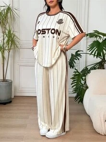 SHEIN EZwear 杏色休閒大尺碼字母條紋短袖T恤與長褲套裝 - 杏色 - 查看 9