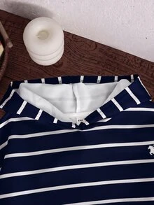 SHEIN 青少年女孩秋冬新款藍白條紋寬鬆運動衫 - 藏蓝色 - 查看 3