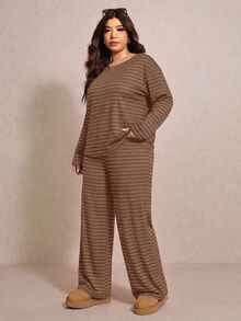 Elaquor 大尺碼休閒日常條紋上衣與長褲兩件套 女款休閒外出套裝 秋冬休閒上班條紋兩件套 - 棕色 - 查看 3