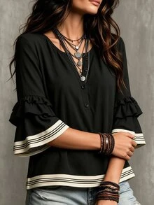 SHEIN LUNE Women's Half-Button Henley Collar Textured Shirt, Multi-Layer Ruffle Bell Mid-Sleeves, Striped Contrast Trim Casual Top - Black - View 6