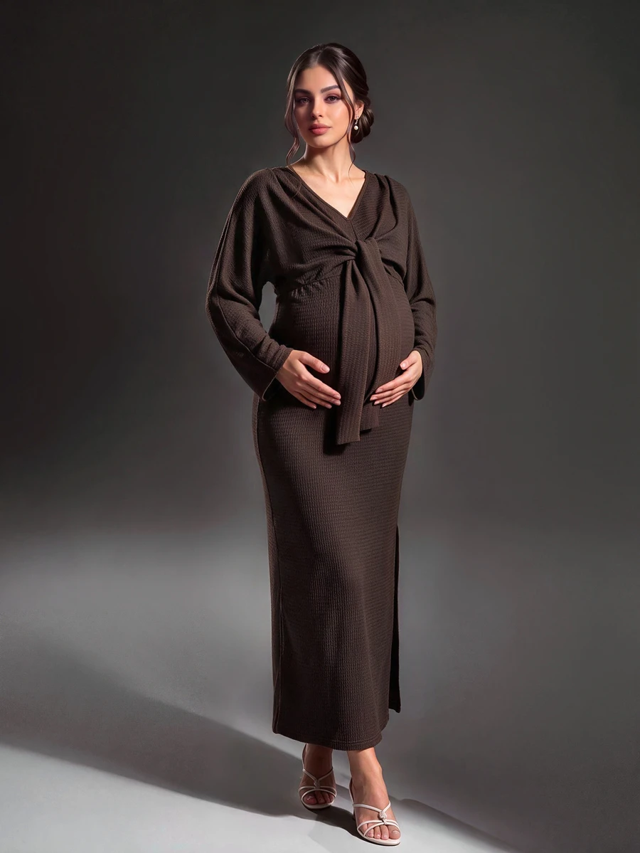 Cheriluna Maternity Maternity Brown Lace-Up Dress For Autumn/Winter - Coffee - View 1