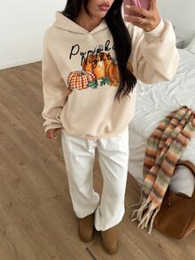 Feyla Casual Minimalist Printed Pattern Apricot Hooded Long Sleeve Loose Thick Sweatshirt For Women - Apricot - View 3