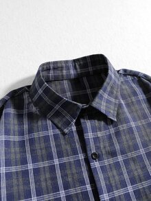 ROMWE MEN Street Life Men's Letter Print Long Sleeve Plaid Single-Breasted Casual Shirt - Blue - View 3