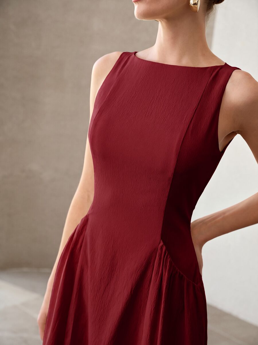 MOTF PREMIUM SOLID SLEEVELESS SLANT POCKET DRESS - Burgundy - View 2
