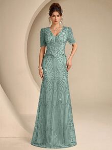 Coutiva 優雅亮片刺繡深V領二合一洋裝，附魚尾裙擺，適合正式晚宴、婚禮賓客穿著、派對禮服、新娘母親婚禮禮服及畢業典禮禮服 - 草綠色 - 查看 5