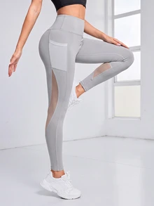 Exploreva Exploreva Women's Solid Color Contrast Mesh Pocket Sports Leggings - Light Grey - View 7