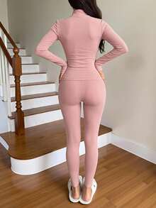 SHEIN EZwear 秋冬抓絨內裡拉鍊夾克與內搭褲休閒兩件套 - 粉色 - 查看 2