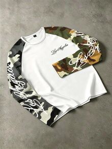 Manfinity EMRG Áo thun cổ tròn dáng rộng chất liệu polyester, tay raglan dài họa tiết camo phối màu tương phản, phong cách streetwear thường ngày - Nhiều màu - Xem 5