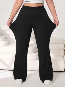 Solflare Plus Size Women Solid Color High Waist Casual Versatile Flare Pants - Black - View 5
