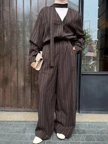 DAZY Women's Striped Long Sleeve Single-Breasted Shirt And Wide Leg Pants Casual 2 Pieces Set - Coffee Brown - View 7