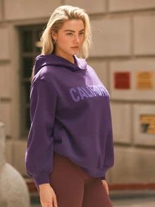 Voyena Women's Plus Size Letter Print Casual Everyday Hooded Sweatshirt Fall - Purple - View 4