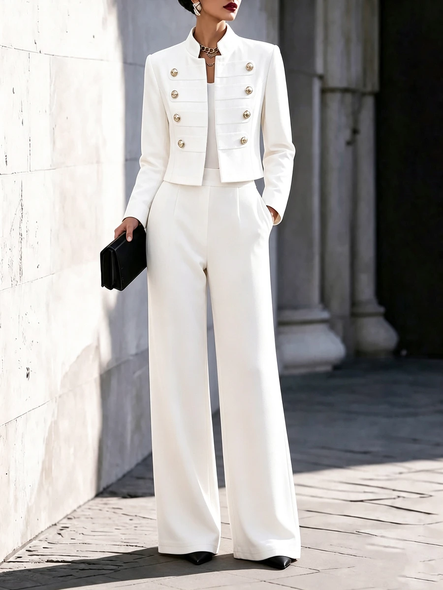 Balvessa Women's Elegant Double-Breasted Long Sleeve Jacket And Pocket Pants Set - White - View 1
