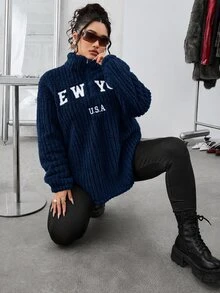 SHEIN EZwear 大尺碼 2 件套：海軍藍休閒字母印花拉鍊抓絨連帽衫與修身瑜伽褲，百搭大尺碼風格，適合秋冬穿著 - 藏蓝色 - 查看 6