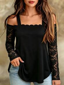 Elenzga تي شيرت نسائي بمقاس كبير بتصميم متعدد الاستخدامات، أكمام دانتيل متباينة، رقبة مربعة، أكمام طويلة فضفاضة، مناسب للخريف/الشتاء - الأسود - مشاهدة 1